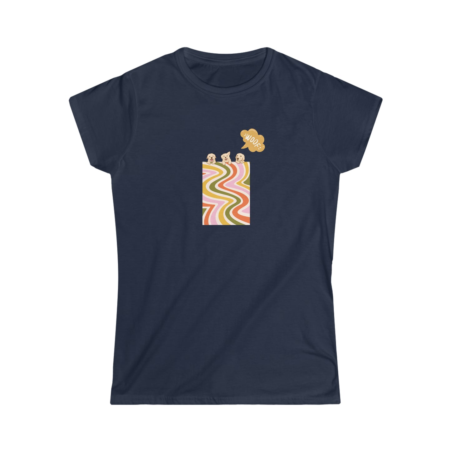 Graphic tee. Front side woof design. Navy blue color. Puppy love shirt