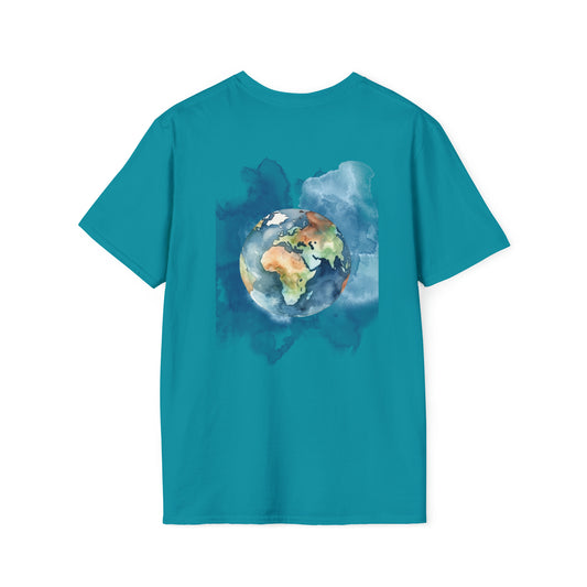 Custom T shirt- Acuarela world, image back side.  Tee shirt, Tiffany blue color