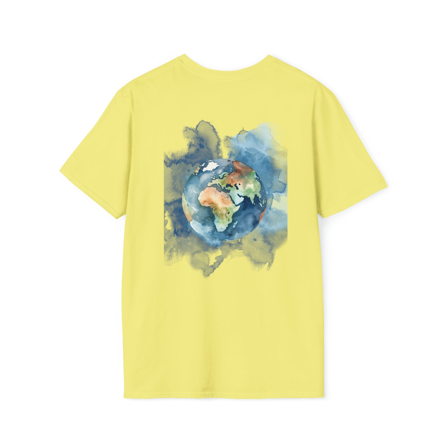 Custom T shirt- Acuarela world, image back side. Tee shirt in yellow color