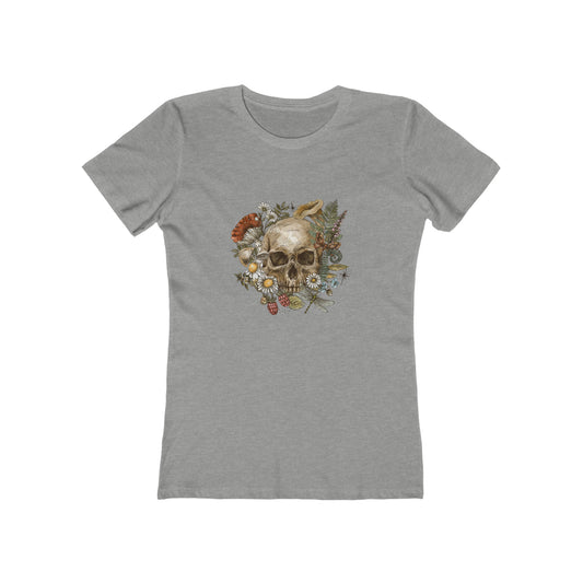 Vintage tee shirt. From side  women vintage skull design. Grey color.