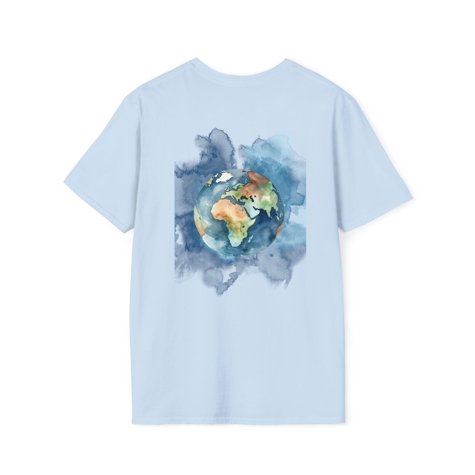 Custom T shirt- Acuarela world, image back side. Tee shirt in light blue color
