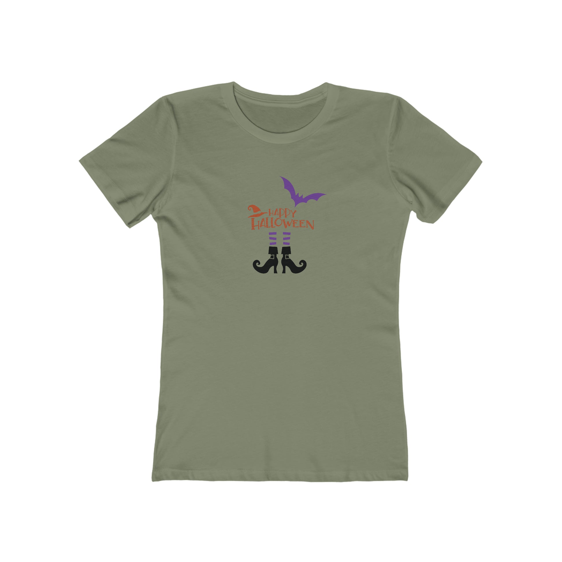 Halloween T shirt "Witchy Legs" graphic tee. Front side image. Military green color.