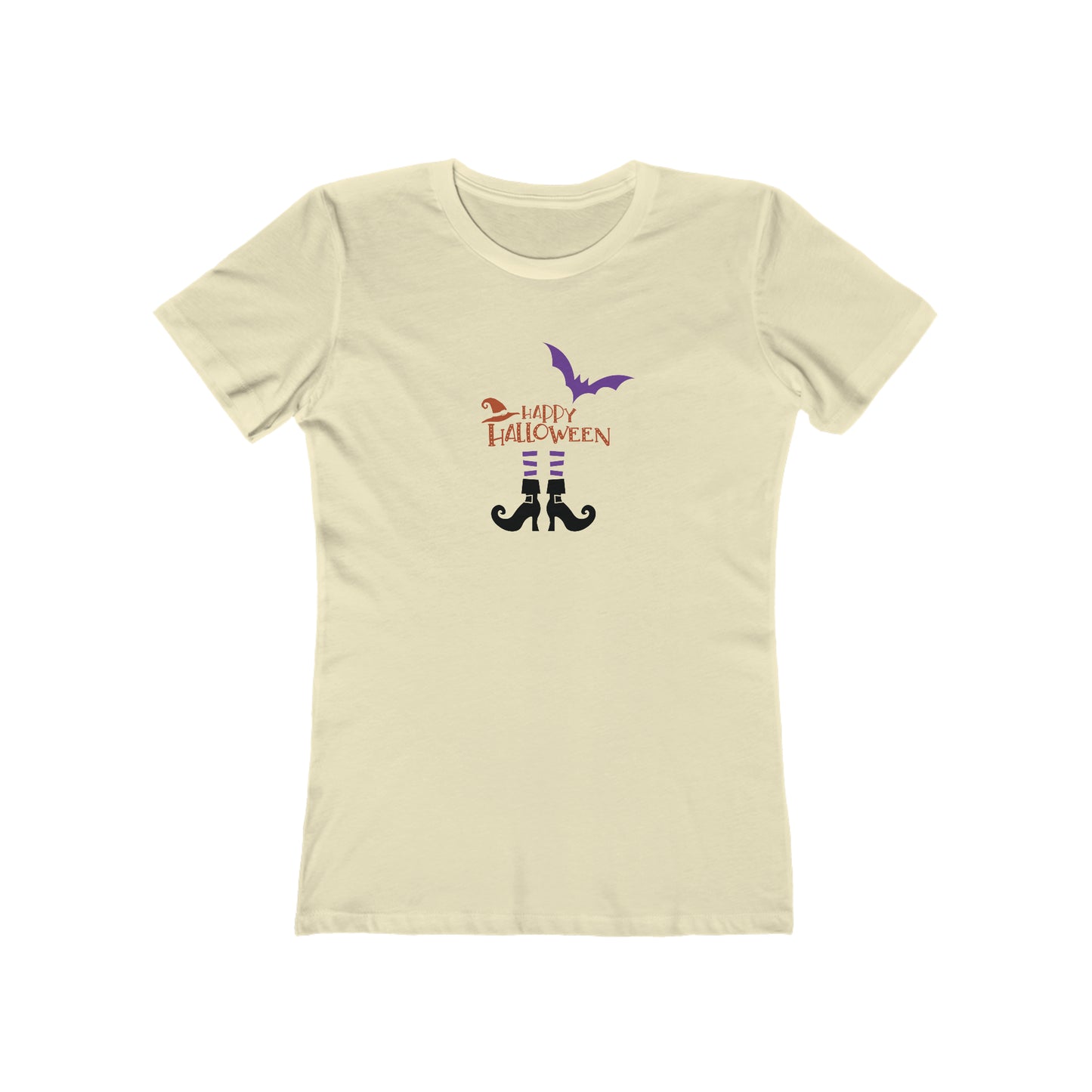 Halloween T shirt "Witchy Legs" graphic tee. Front side image. Natural color.