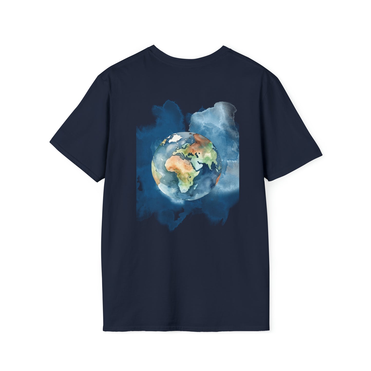 Custom T shirt- Acuarela world, image back side. Tee shirt in navy blue color