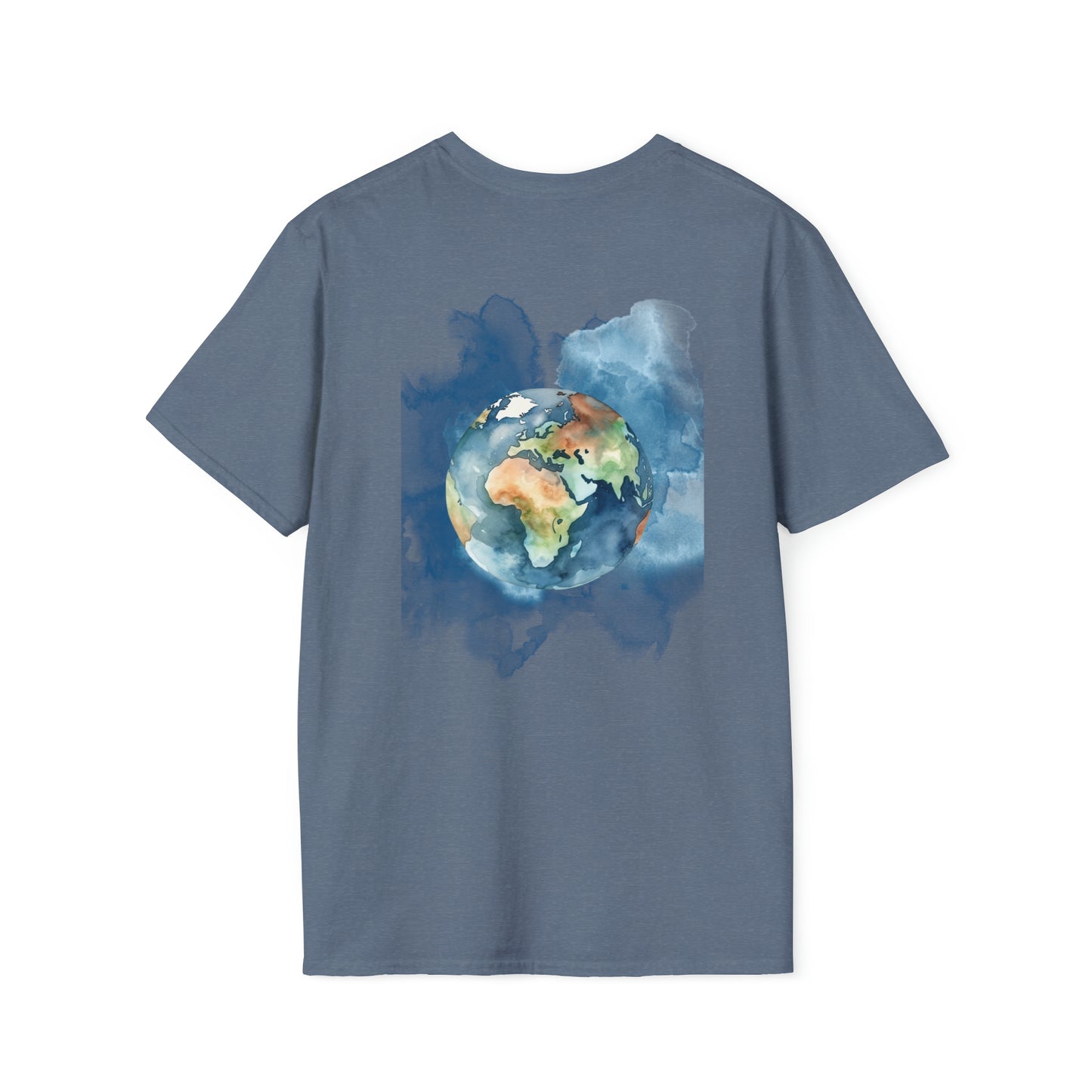 Custom T shirt- Acuarela world, image back side. Tee shirt in grey color